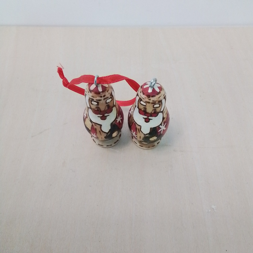 Two Matryoshka Nesting Doll Ornaments Santa Claus Red Ribbon Christmas Holiday